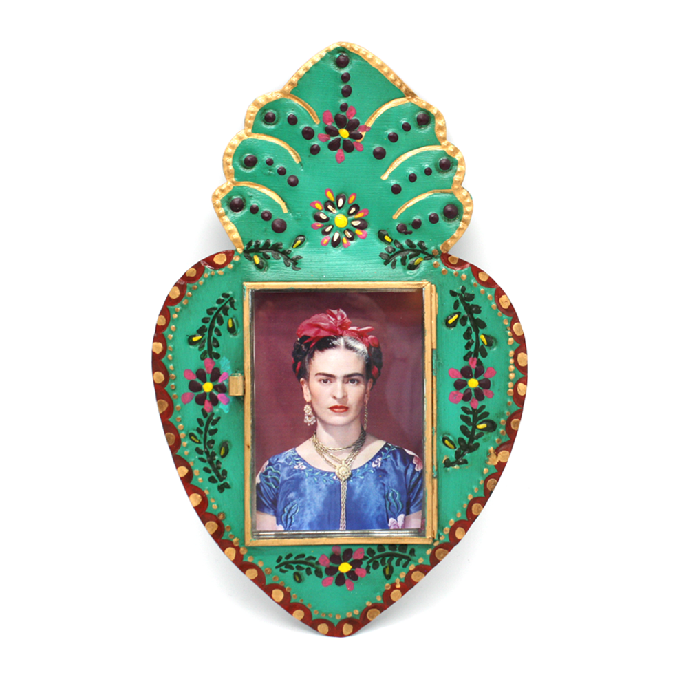 Mexican Large Tin Heart Decoration with Frida Turquoise