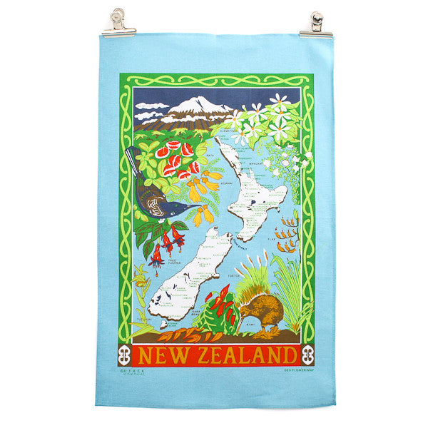 Flower/NZ Map Tea Towel