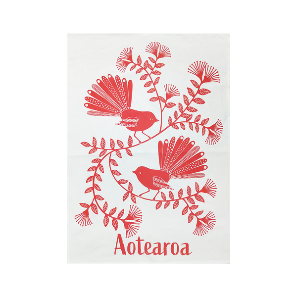 New Zealand Tea Towel Piwakawaka Fantail Red