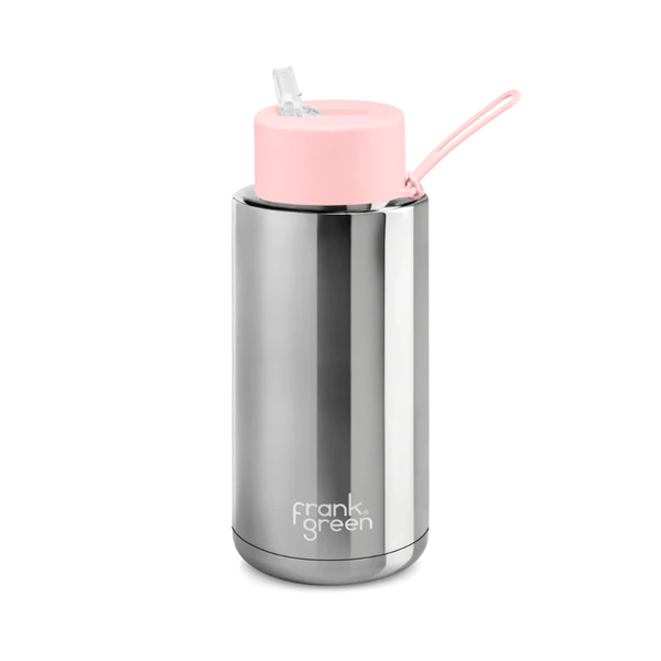 Frank Green Ceramic Reusable Bottle Chrome Straw Lid and Strap 34oz Silver Blushed