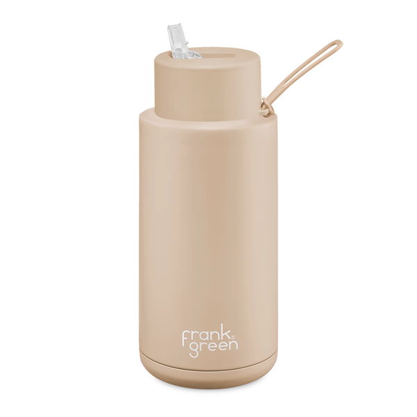Frank Green Ceramic Reusable Bottle with Straw Lid & Strap 34oz Soft Stone