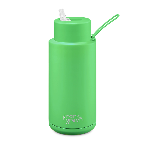 Frank Green Ceramic Reusable Bottle with Straw Lid & Strap 34oz Neon Green