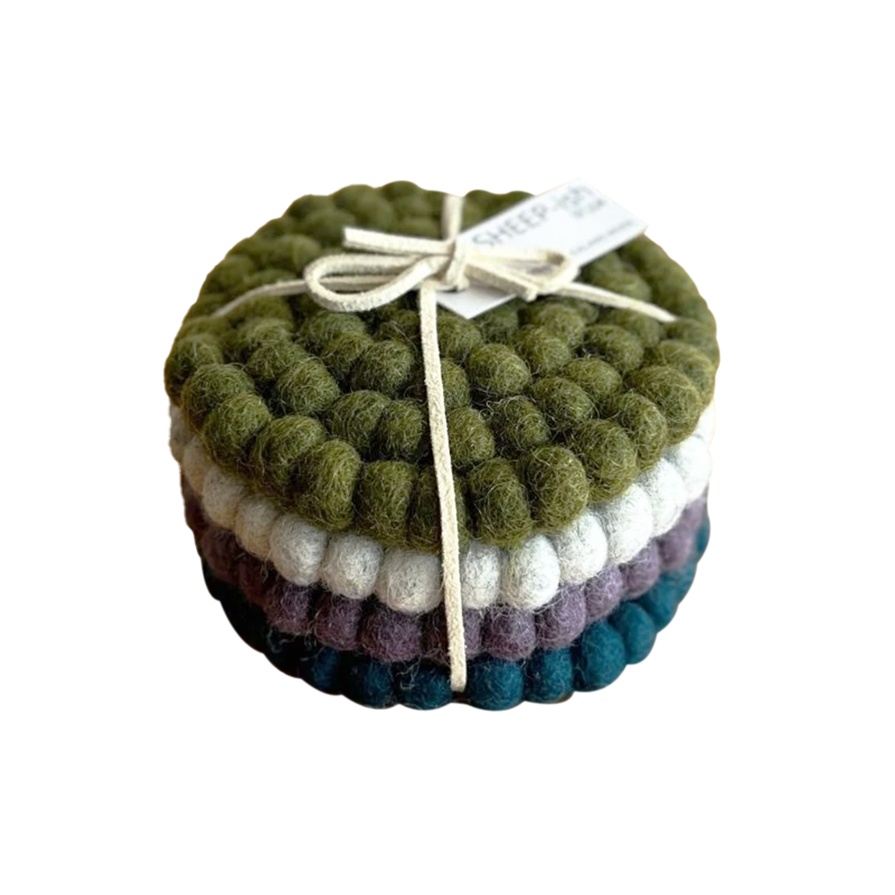 Sheep-ish Felt Ball Coasters Set of 4 Moss Stack