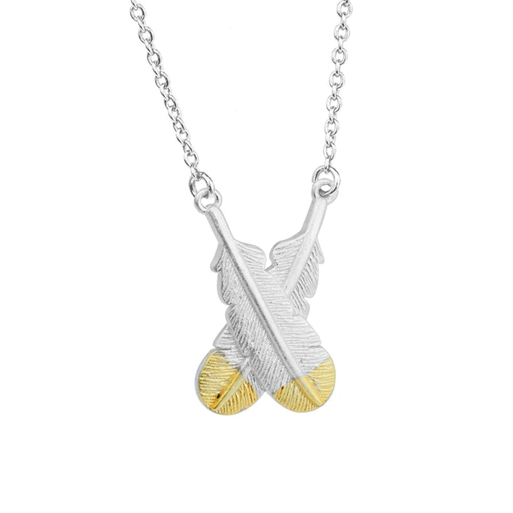 Little Taonga Necklace Crossed Huia Feathers Gold tips on Silver