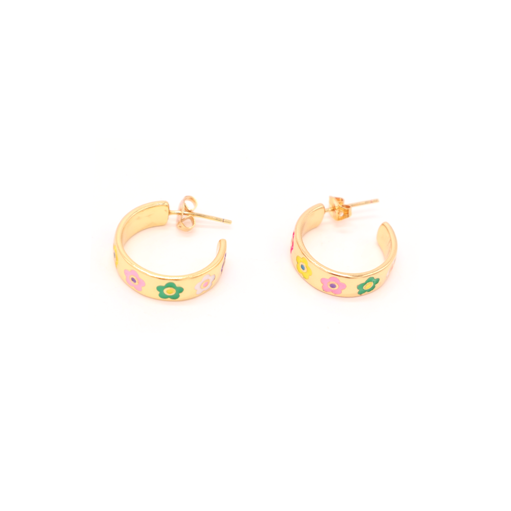 Penny Foggo Earrings Half Hoop Enamel Daisy Multi Colour Gold