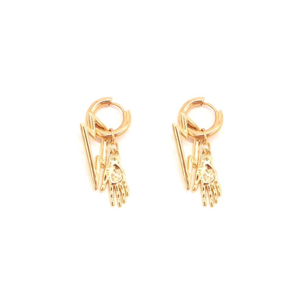Penny Foggo Earrings Double Huggies Hand Lightning Bolt Gold