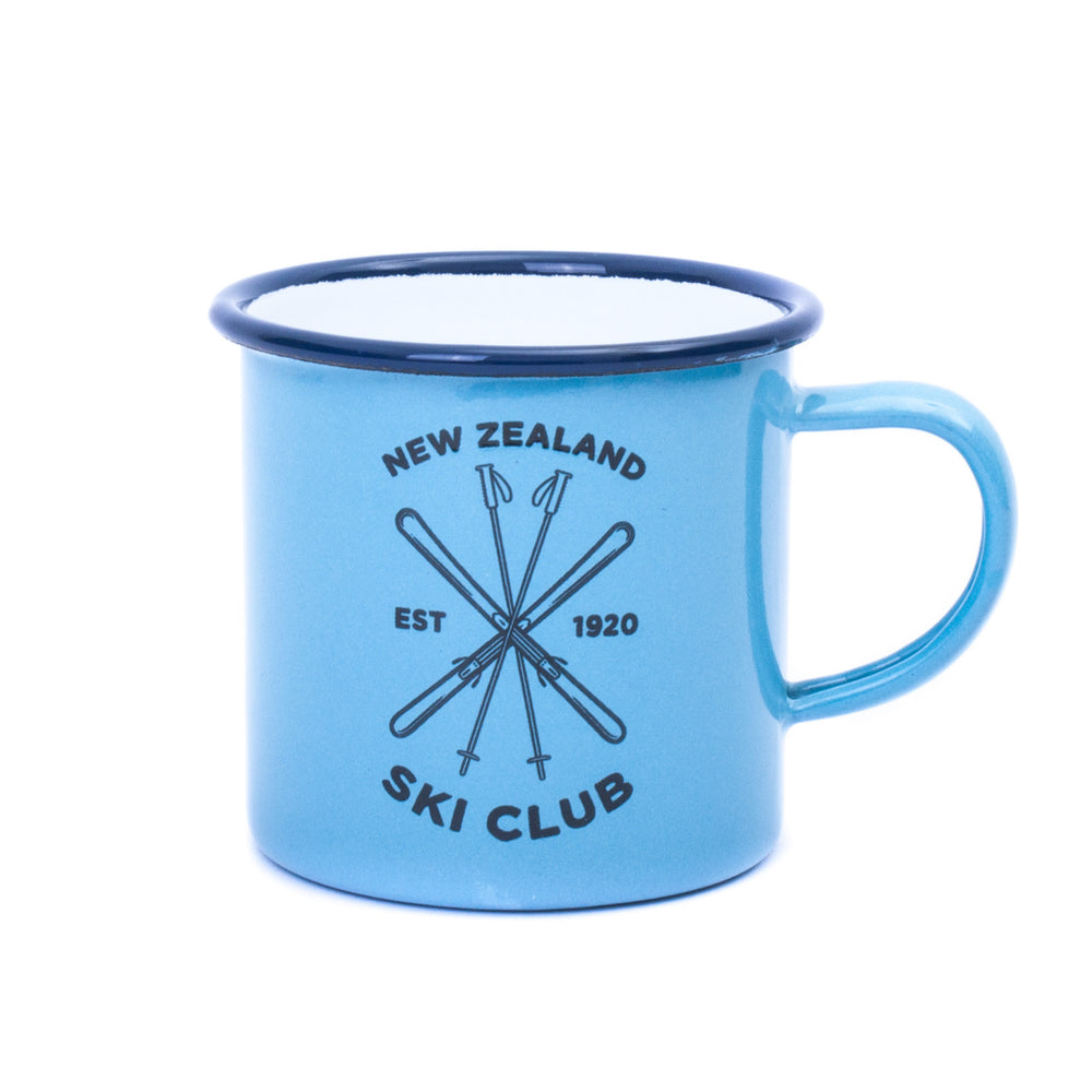 Moana Road New Zealand Ski Club Enamel Mug Blue