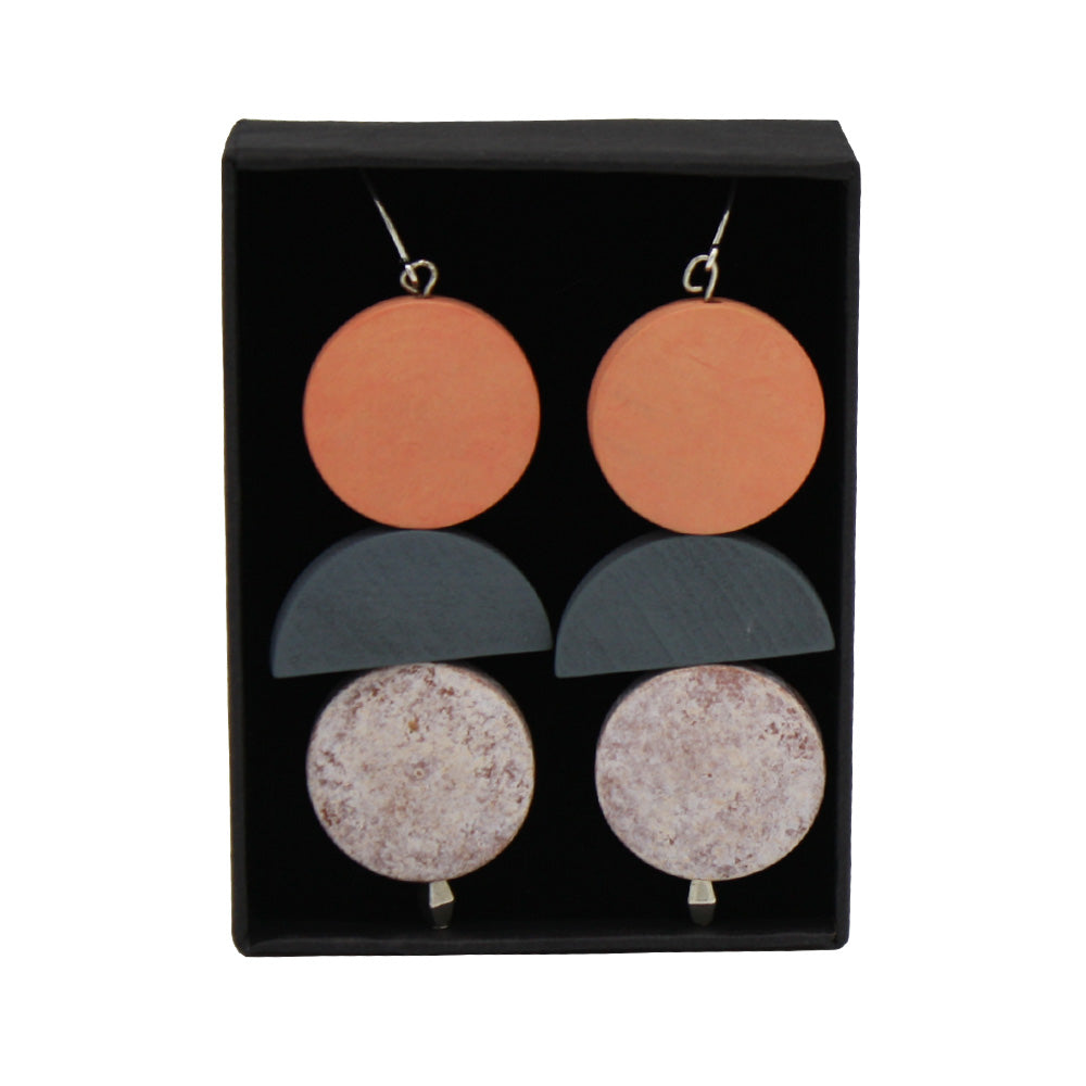 Penny Foggo Earrings Wood Shapes Peach and Grey