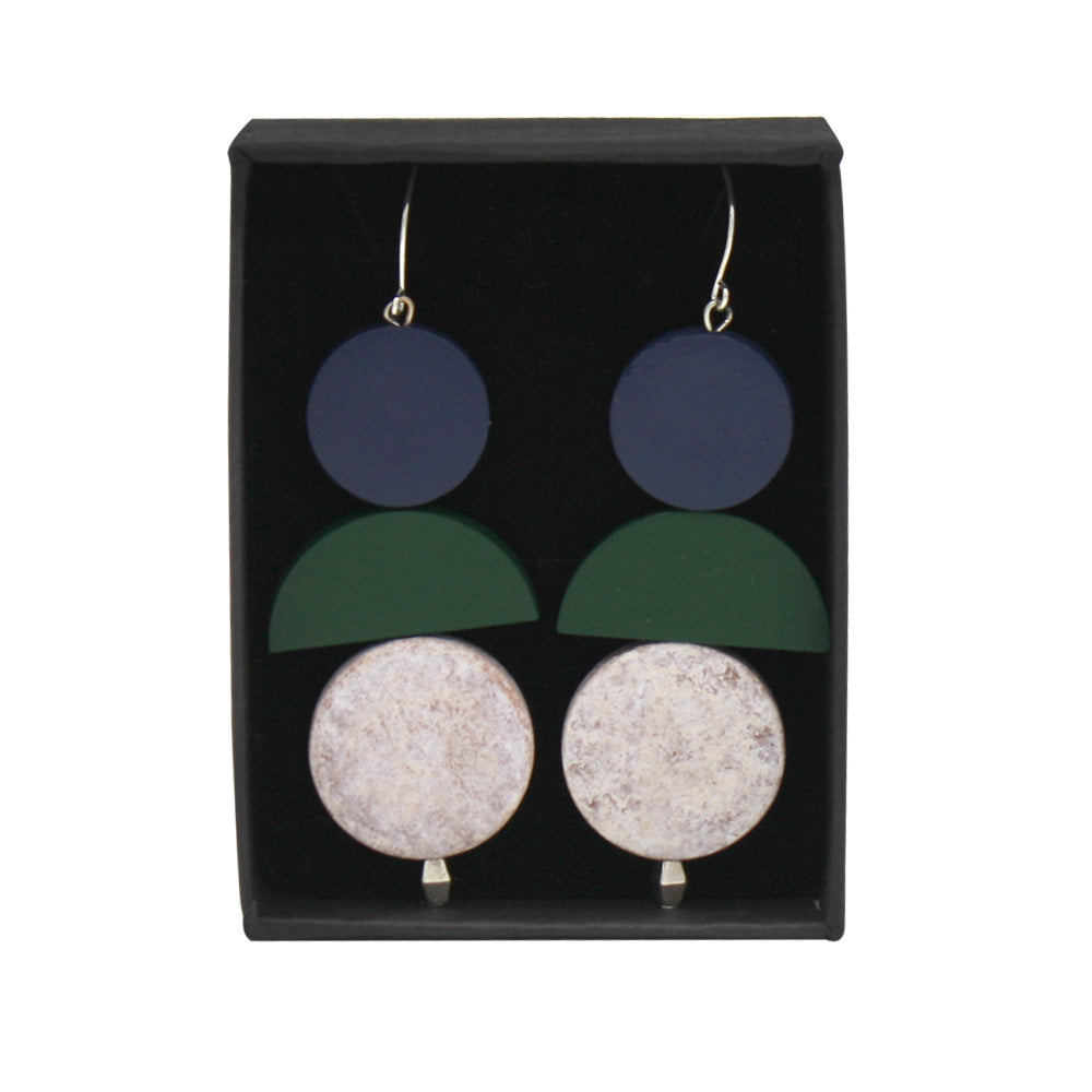 Penny Foggo Earrings Wood Shapes Green and Navy