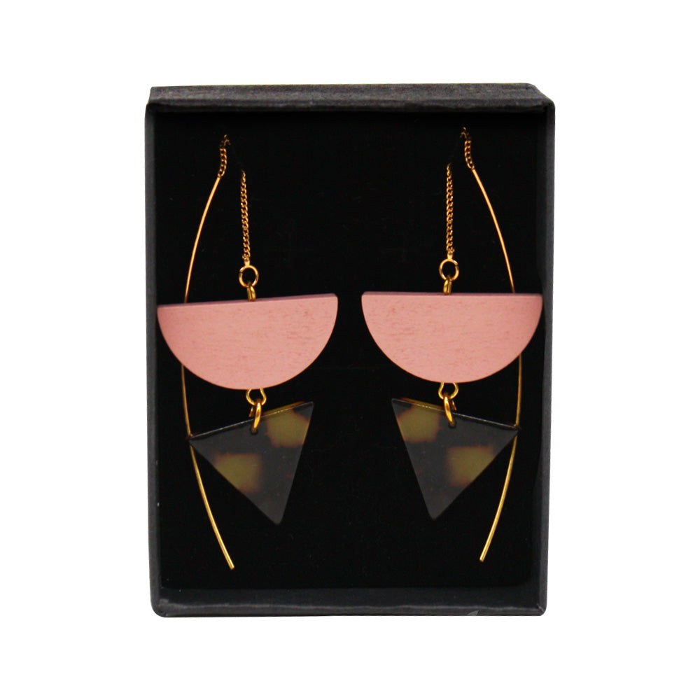 Penny Foggo Earrings Tortoiseshell Gold Threads Pink Semicircles