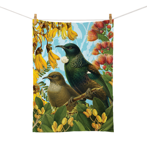 New Zealand Retro Tea Towel Botanical Tūī's