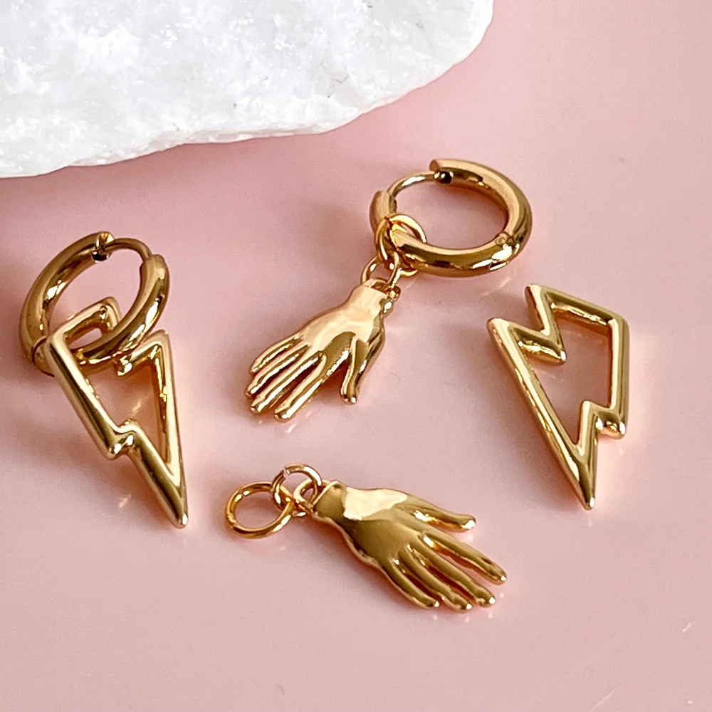 Penny Foggo Earrings Double Huggies Hand Lightning Bolt Gold