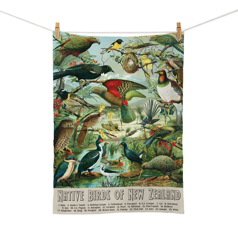 New Zealand Retro Tea Towel Native Birds