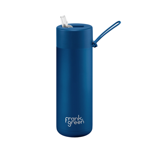 Frank Green Reusable Bottle with Straw Lid & Strap 20oz Deep Ocean Blue