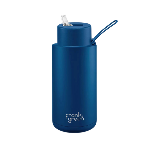 Frank Green Ceramic Reusable Bottle with Straw Lid & Strap 34oz Deep Ocean Blue